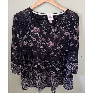 Knox Rose Women's Top Blouse Sheer Black Floral Pattern Size Small